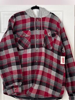 Wrangler Red and Gray Plaid Flannel Hoodie Shirt